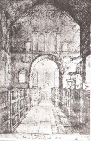 Sketch of the interior of St Leonard's church, Bengeo showing the nave with box pews on either side and a three decker pulpit at the right of the nave with the chancel in the background