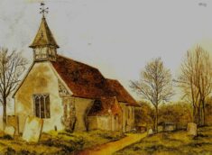 A painting of St Leonard's Church from the south-east angle with a limited view of the churchyard. The path to the south of the church is shown. There are three fledgling trees shown in the churchyard., one to the east and two to the south of the church.