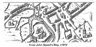 Part of Speed's map of Hertford c1610 showing buildings including a chruch in the castle grounds and the current thoroughfares of The Wash, Maidenhead Street, Market Place and Fore Street