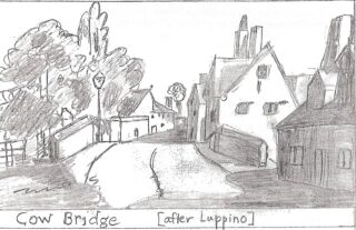 A sketch of Cow Bridge with cottages on the right before and after the bridge. On the left isare bushes and trees with presumably Cowbridge House in the distance.