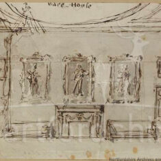 Pen and wash drawing of grand interior with paintings and fireplace | Hertfordshire Archives & Local Studies