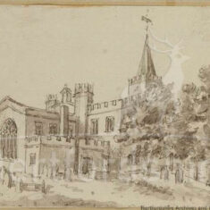 Pen and wash drawing of church and grave yard | Hertfordshire Archives & Local Studies