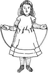 Drawing of a girl in Victorian Dress holding a skipping rope in front of her