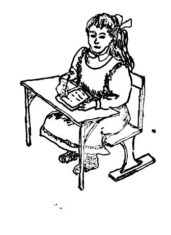 A drawing of a Victorian girl sitting at a dsek with a book in her hands