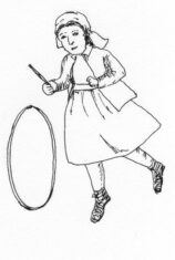 A girl in Victorian dress playing with a hoop.
