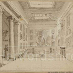 Pen and wash illustration of grand room interior with paintings, ornate pillars and skylights in the ceiling | Hertfordshire Archives & Local Studies