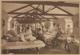 Sepia photograph was massage ward with patients and masseuses | National Army Museum, London 