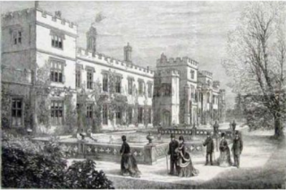 Black and white engraving of stately home with six people walking in the gardens | Hertfordshire Archives and Local Studies