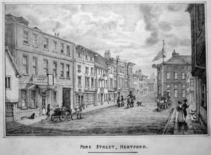 An etching of Fore Street in the mid 1800s | Hertfordshire Archives and Local Studies