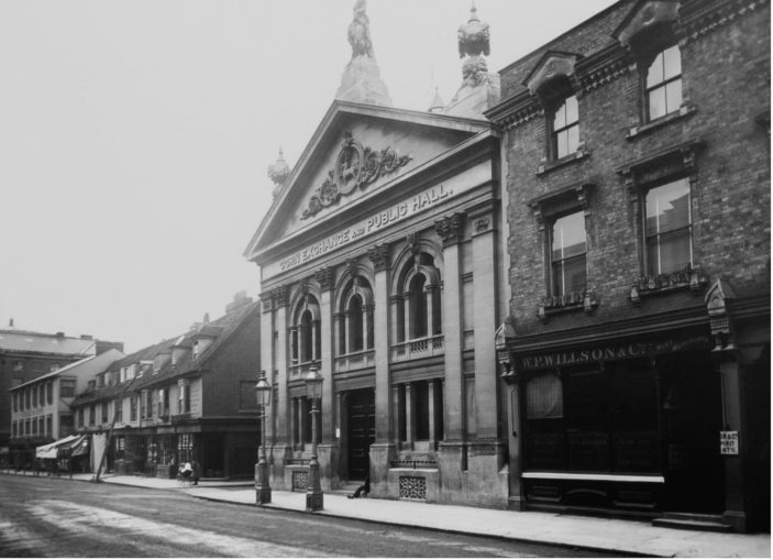 The new Corn Exchange is pictured here after the creation of Market Street, the entrance to which can be seen on the far side. The building on the right is Wilson's wine shop. | Hertfordshire Archives and Local Studies/Mr Elsden