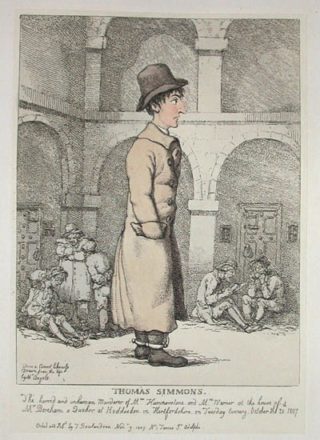 Colour illustration of a prisonner in long coat and hat | Hertfordshire Archives and Local Studies