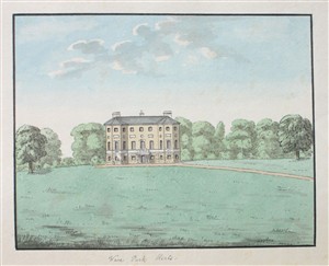 Colour illustration of a large building in parkland | Hertfordshire Archives & Local Studies (Oldfield)
