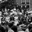 Black and white photograph of well-dressed people in ceremony surrounded by crowd | Hertfordshire Archives and Local Studies